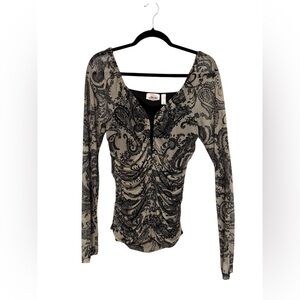 Ruched Paisley Mesh Long Sleeve Top